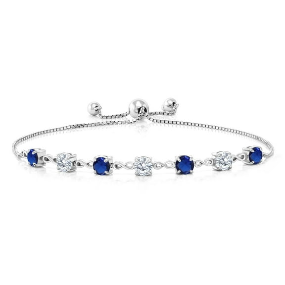 Gem Stone King 925 Sterling Silver Round Blue Created Sapphire and White Moissanite Tennis Bracelet for Women (2.39 Cttw, Gemstone September Birthstone, Round 4.5MM, Fully Adjustable up to 9 inch)