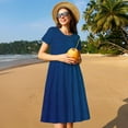 thumbnail image 4 of Goofa teal blue Pattern Women Summer Short Sleeve Midi Dress with Pockets Casual Aline Flowy Tshirt Dress Vocation Beach Sundress, 4 of 6