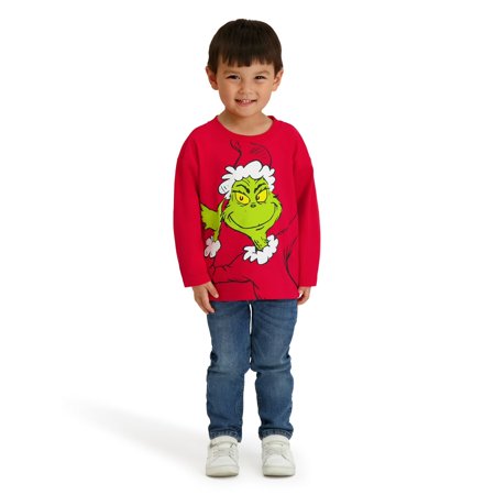 Toddler Unisex Grinch Christmas Long Sleeve T-Shirt, Red, 12M