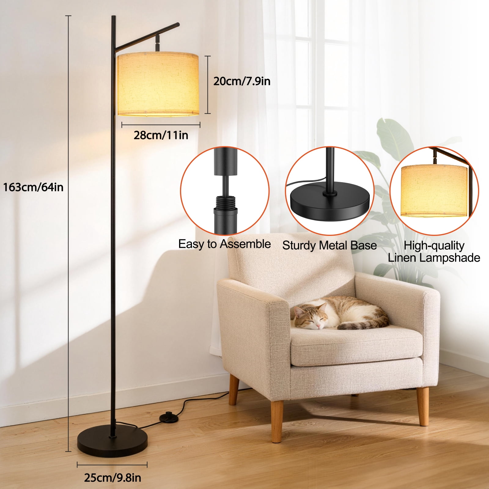 Floor Lamps for Living Room, Standing Lamp with 3 Color Temperatures, Arc Tall Lamp for Bedroom Office, Black