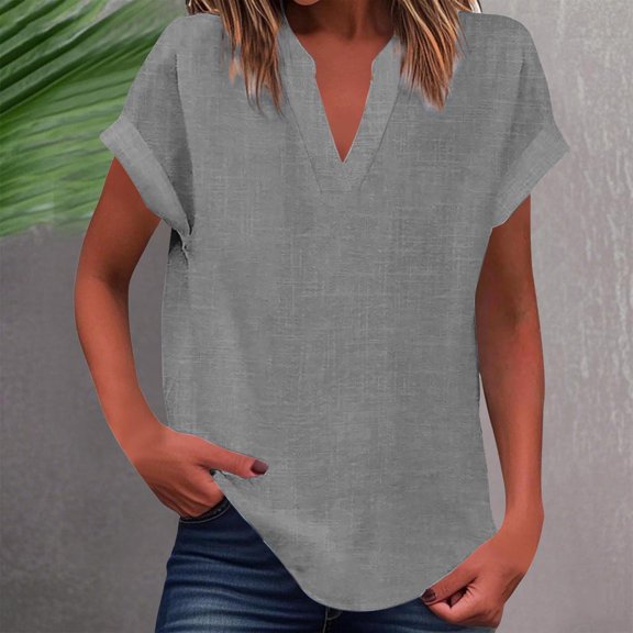 HongQid Womens Summer Tops Short Sleeve V Neck Cotton Linen Shirts Loose Casual T-Shirts
