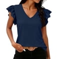 thumbnail image 3 of Women's V-Neck Ruffle Flutter Sleeve Blouse, Casual Short Sleeve Tunic Top for Work & Daily Wear (Navy, Size L), 3 of 9