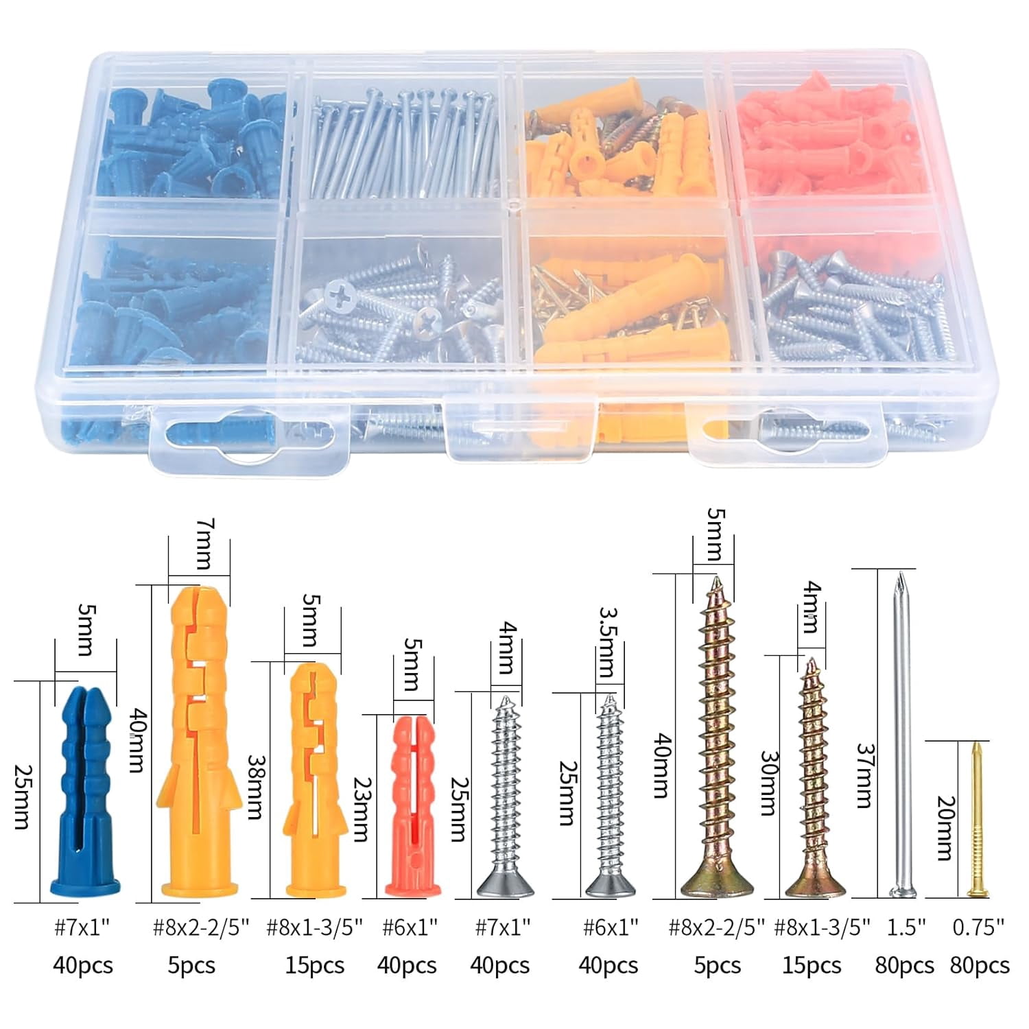 360 Pcs Drywall Anchors and Screws and Nails Kit, Chipboard Wall Fish Type Wall Plugs, Plasterboard Mount Flat Head Self Tapping Fixings Wood Plugs and Screws and Nails