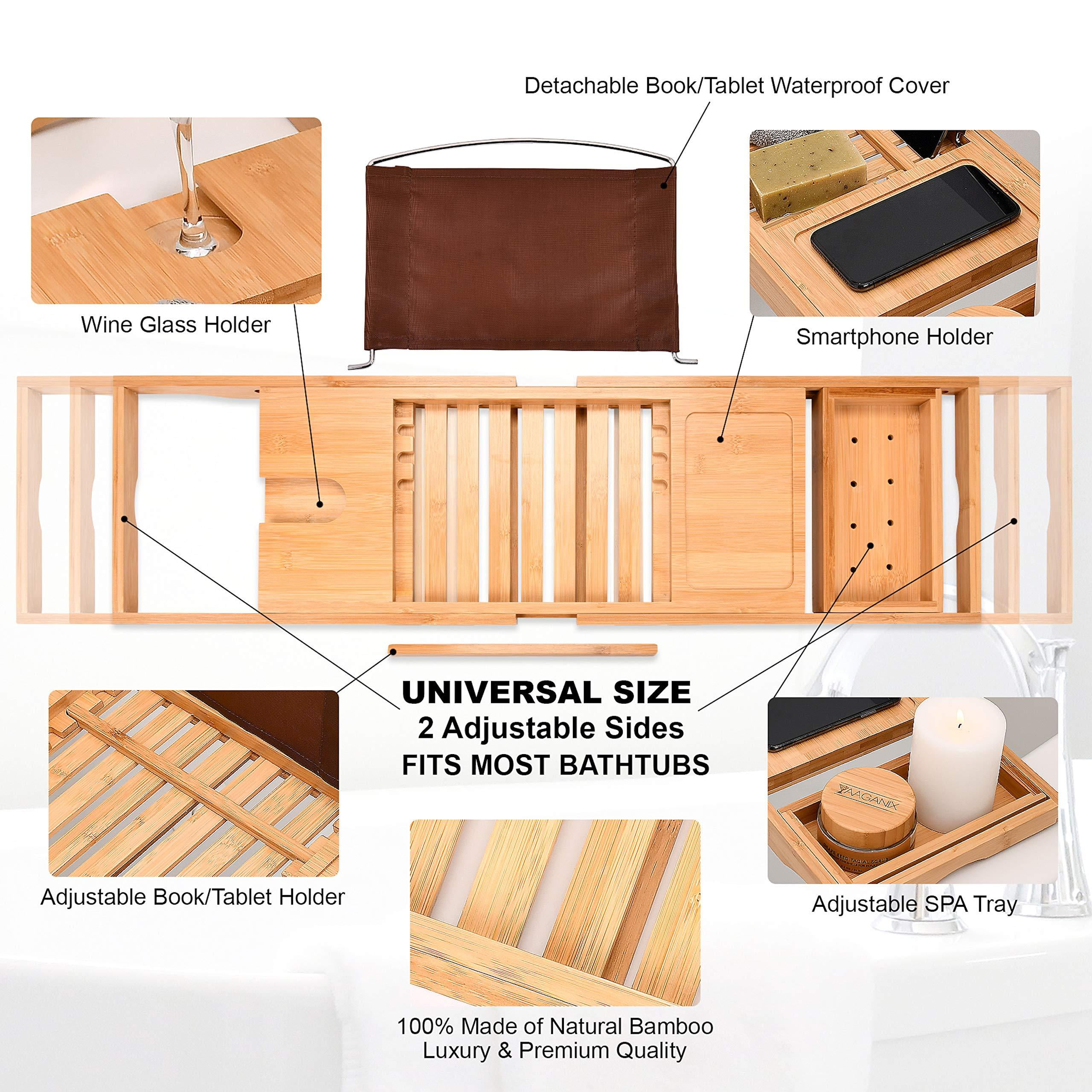 Homfa Bamboo Bathtub Tray, 29.3-43.5 Expandable Bath Table Over Tub with  Wine and Book Holder, Phone & Cup Slot, Two Removable Trays and Free Soap  Dish Luxury Bamboo Organizer Tray for Bathroom 