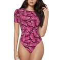 thumbnail image 2 of Uemuo Pink Butterfly Pattern Women's One Piece Short Sleeve Swimsuit Rash Guard Surfing Modest Quick-drying Swimsuit Beach Essentials-X-Large, 2 of 9