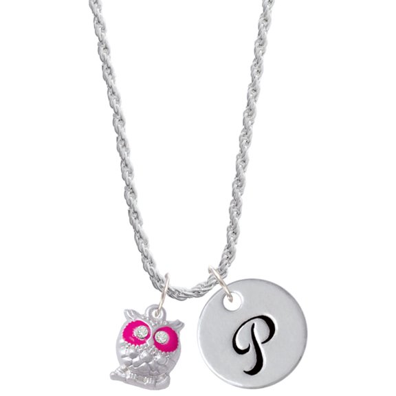 Delight Jewelry Silvertone Owl with Hot Pink & Clear Crystal Eyes Silvertone Script Initial Disc - P - Charm Necklace, 20"+3"