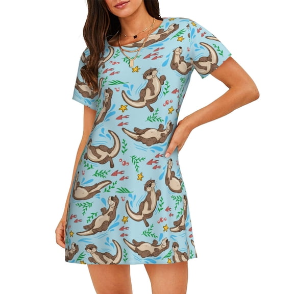 Cotton Nightgowns for Women - Cute Otters Sleep Shirts for Women's Nightgowns & Sleepshirts, Soft Cotton Pajama Dress Shirts for Women, House Dress Sleepwear for Women