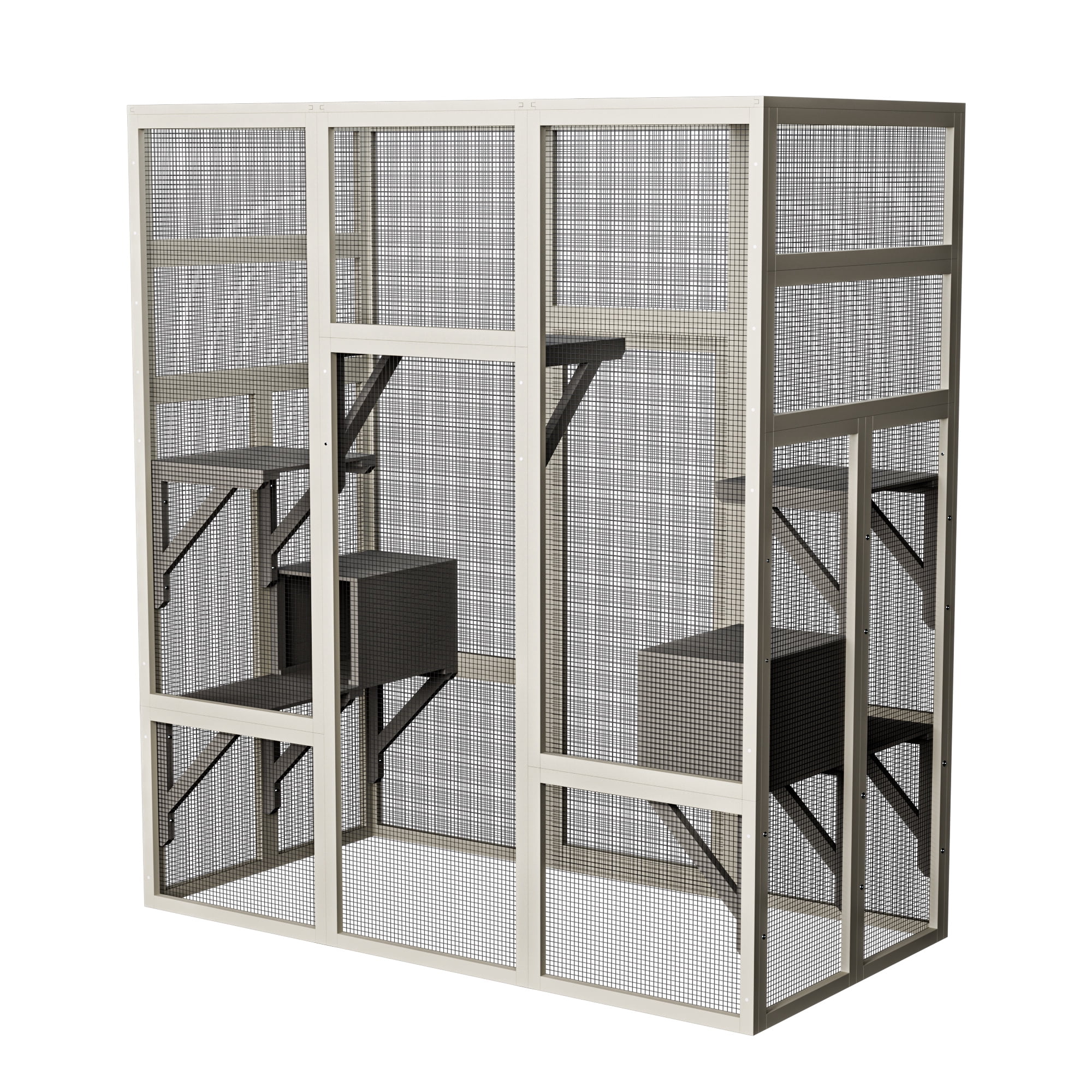 Catio Outdoor Cat Enclosure, 70'' Large Wood Cat House for Mulitiple Cats, Walk in Kitty Cage with 5 Platforms & 2 Resting Boxes, UV-Resistant & Waterproof Cover