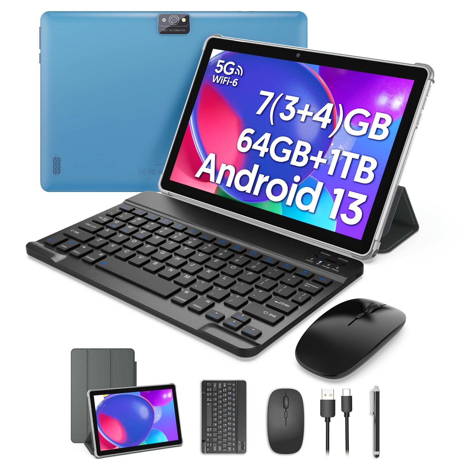 2-in-1 Android 13 Tablet with Keyboard 10.1 Inch FHD IPS Display Quad-Core Processor Expandable Storage Long-Lasting Battery Dual Cameras 5G WiFi 6 Includes Protective Case & Stylus