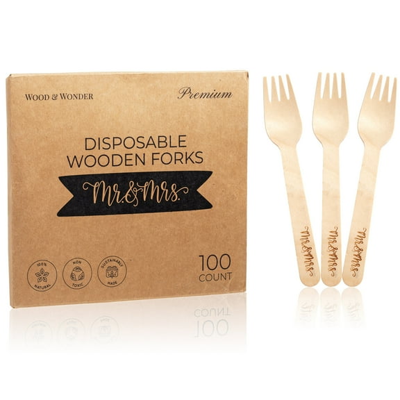 Wood & Wonder 100 Piece Celebrate Fancy Disposable Wood Wedding Forks