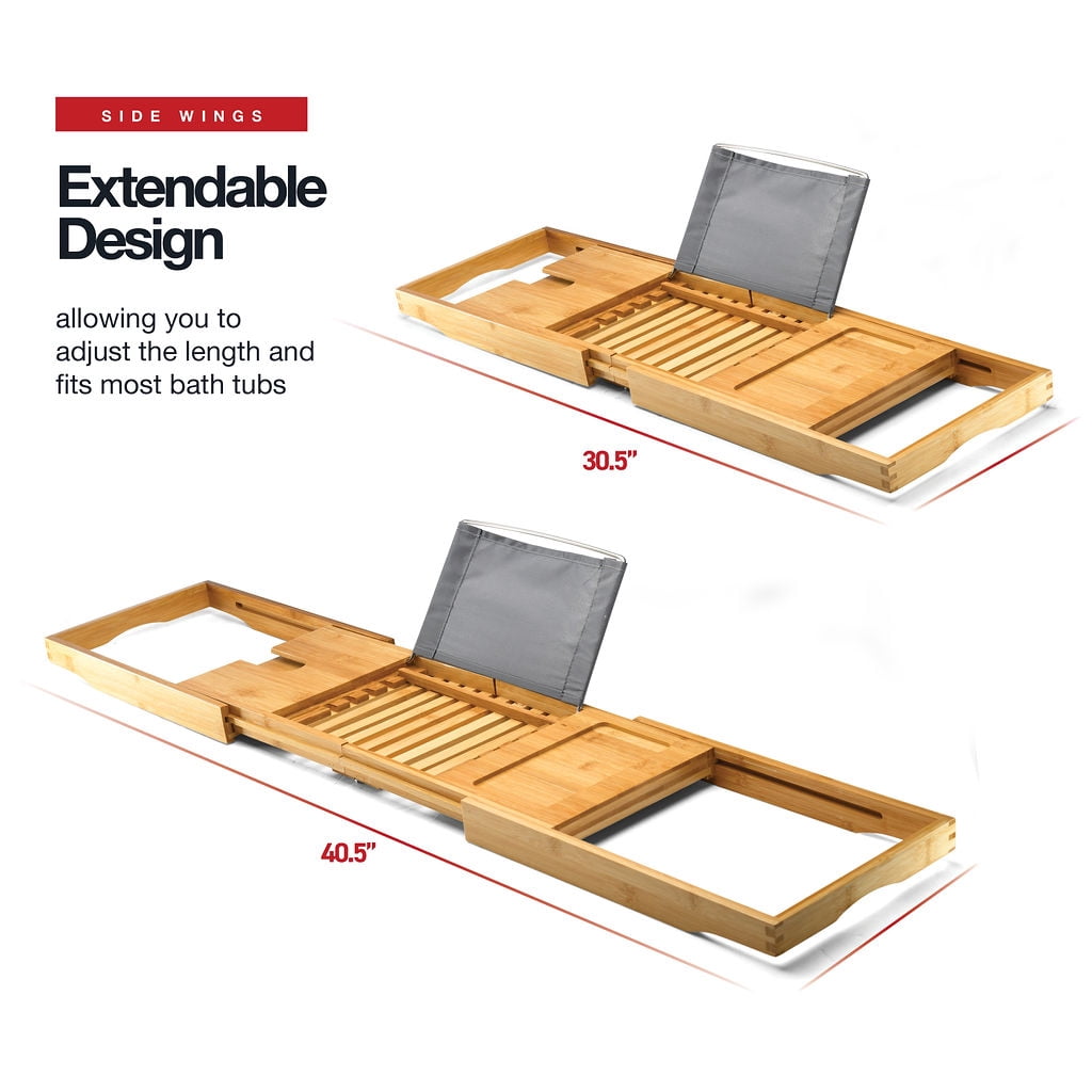 Bathtub Tray Caddy - Foldable Waterproof Bath Tray & Bath Caddy - Wooden Tub Organizer & Holder - Expandable Size, Fits Most Tubs