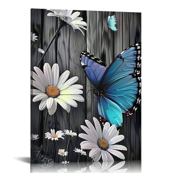 RUIYC  White Daisy Flowers Wall Art Bathroom Wall Art Butterfly Yellow Daisy Flower Wood Grain Picture Print Rustic Farmhouse Floral Artwork for Kitchen Office Wall Decor