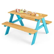 Kids Picnic Table, Fir Wood Toddler Table and Benches, Kids Outdoor Furniture, Blue, 31" x 35" x 20"