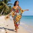 thumbnail image 5 of Xixirimido Retro 60s Hippie Flower Print Women's Kaftan Dresses Plus Size Beach Cover Up V-Neck Batwing Sleeve Swimsuit Coverup Summer Caftan Dress, 5 of 7