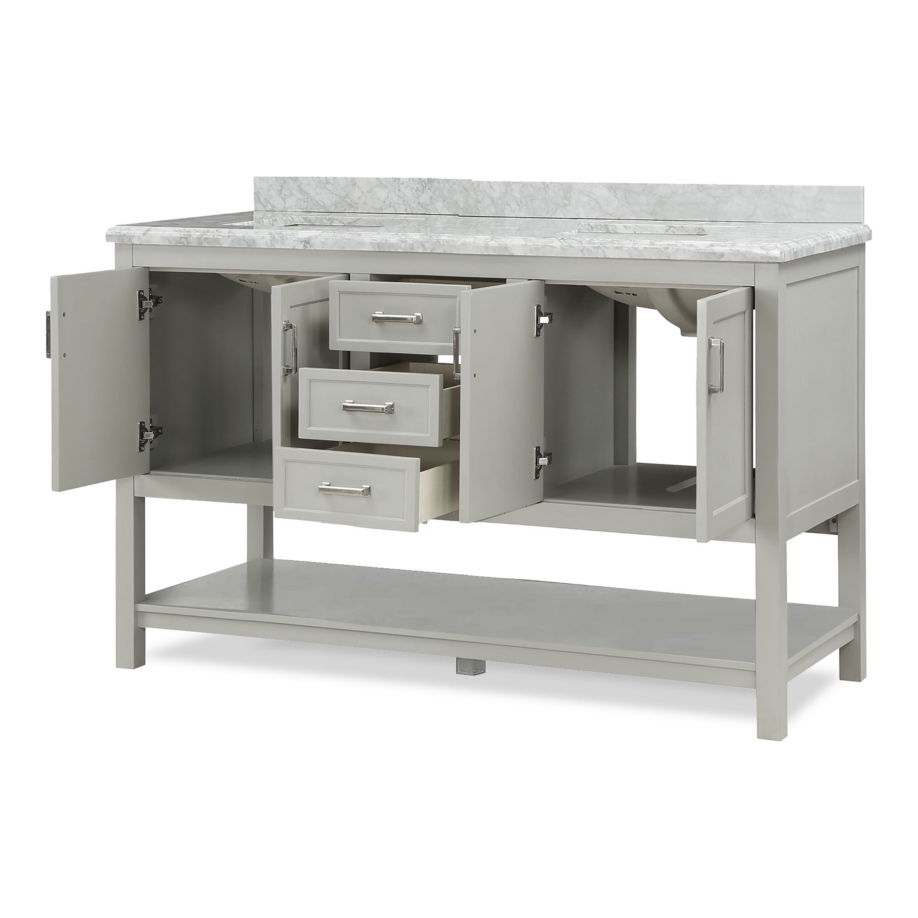 Furniture of America Freya 61" Gray Double Bathroom Vanity with White Carrera Marble Top and Undermount Sink