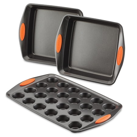 Rachael Ray Yum-o! Nonstick Square Baking Pan and 24-Cup Mini Muffin Pan Set  3-Piece  Gray with Orange Handles