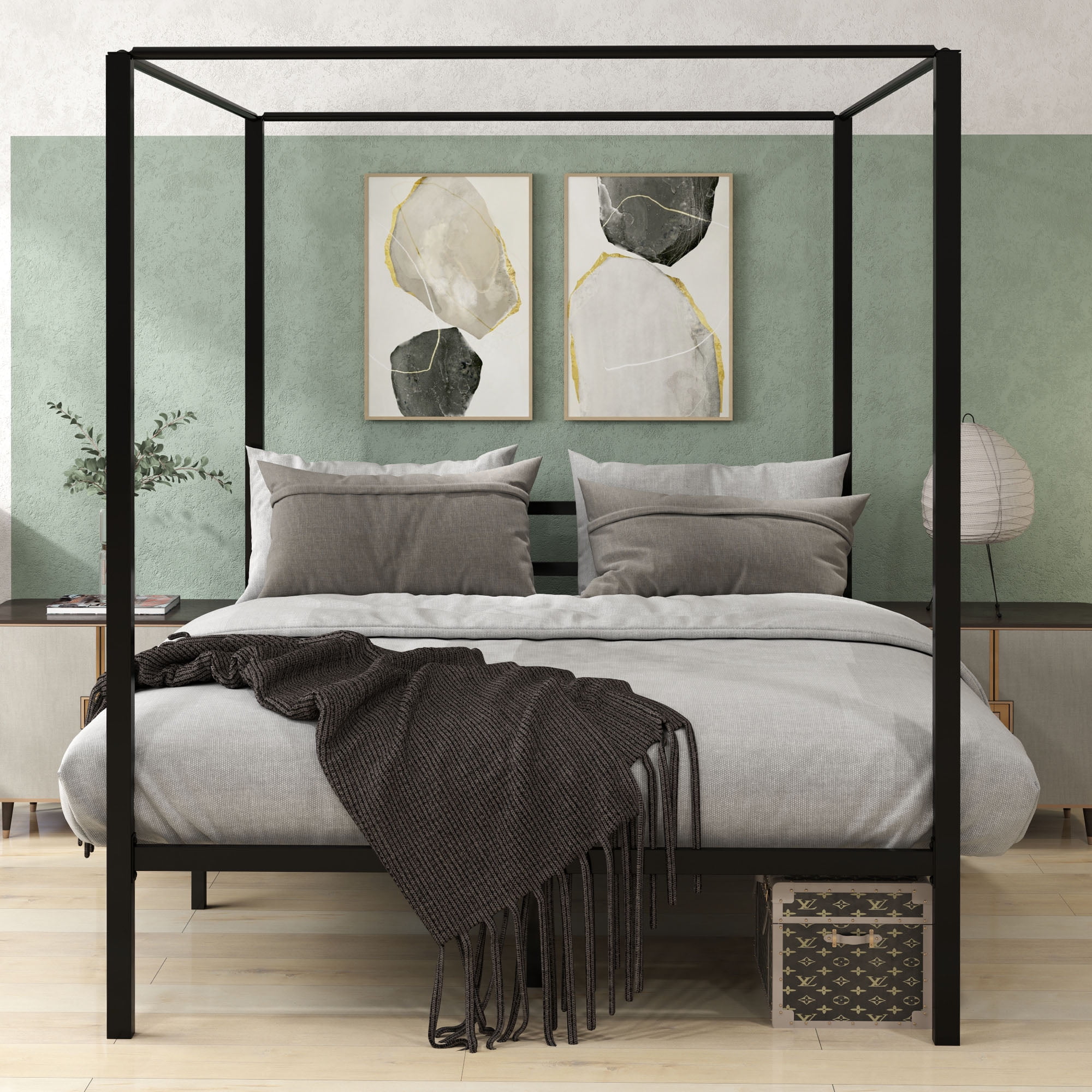 Dextrus Queen Size Metal Canopy Bed Frame 14" Platform, No Box Spring Needed, Black