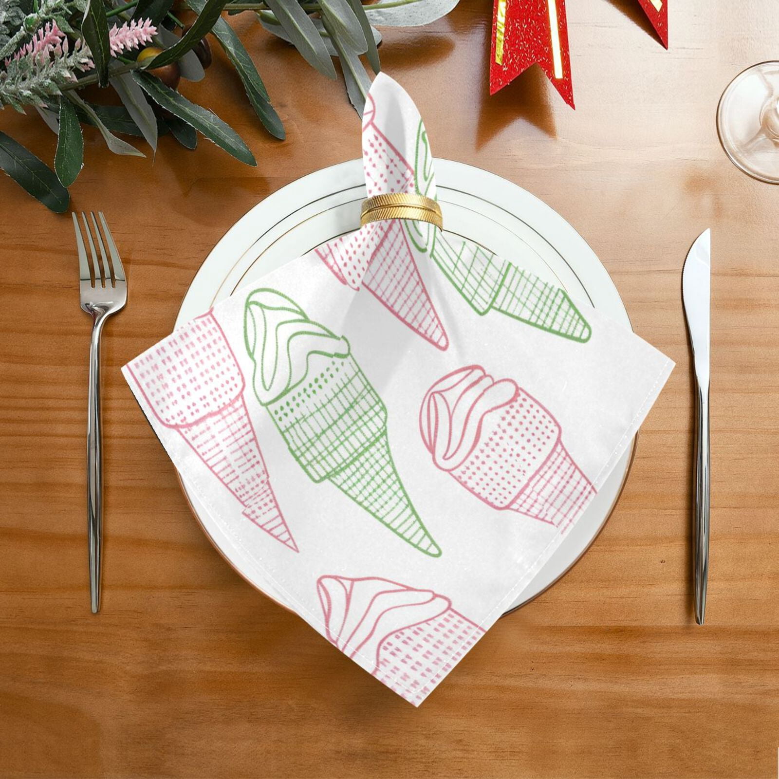 JSTEL Summer Icecream Doodle Cloth Napkins Set of 6, 20x20 Inch Washable and Reusable Napkin for Decoupage Dinner Party Everyday Use