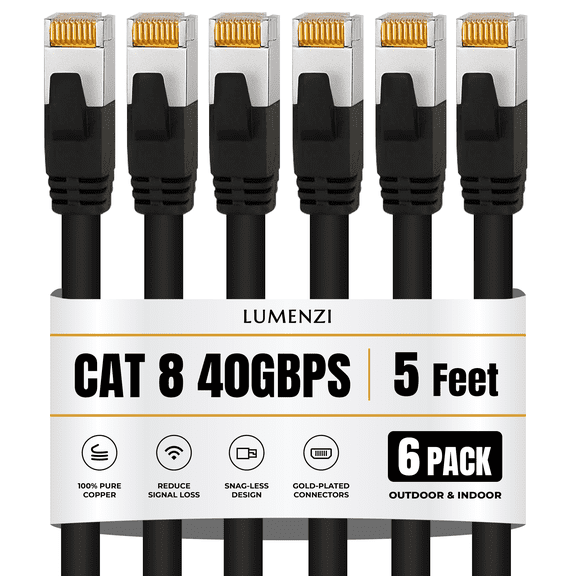 Cat8 Round Ethernet Cable 5ft, 6 Pc Pack, 40Gbps 2000MHz Network Patch Cord, S/FTP Shielded LAN Cable with RJ45 Connectors, for Gaming, Router, Modem, Laptop