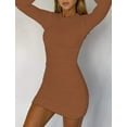 thumbnail image 2 of Vafful Women's Sexy Dress Long Sleeve Crew Neck Ribbed Dress for Womens Slim Fit Ruched Stretchy Casual Mini Dresses Caramel Brown, 2 of 5
