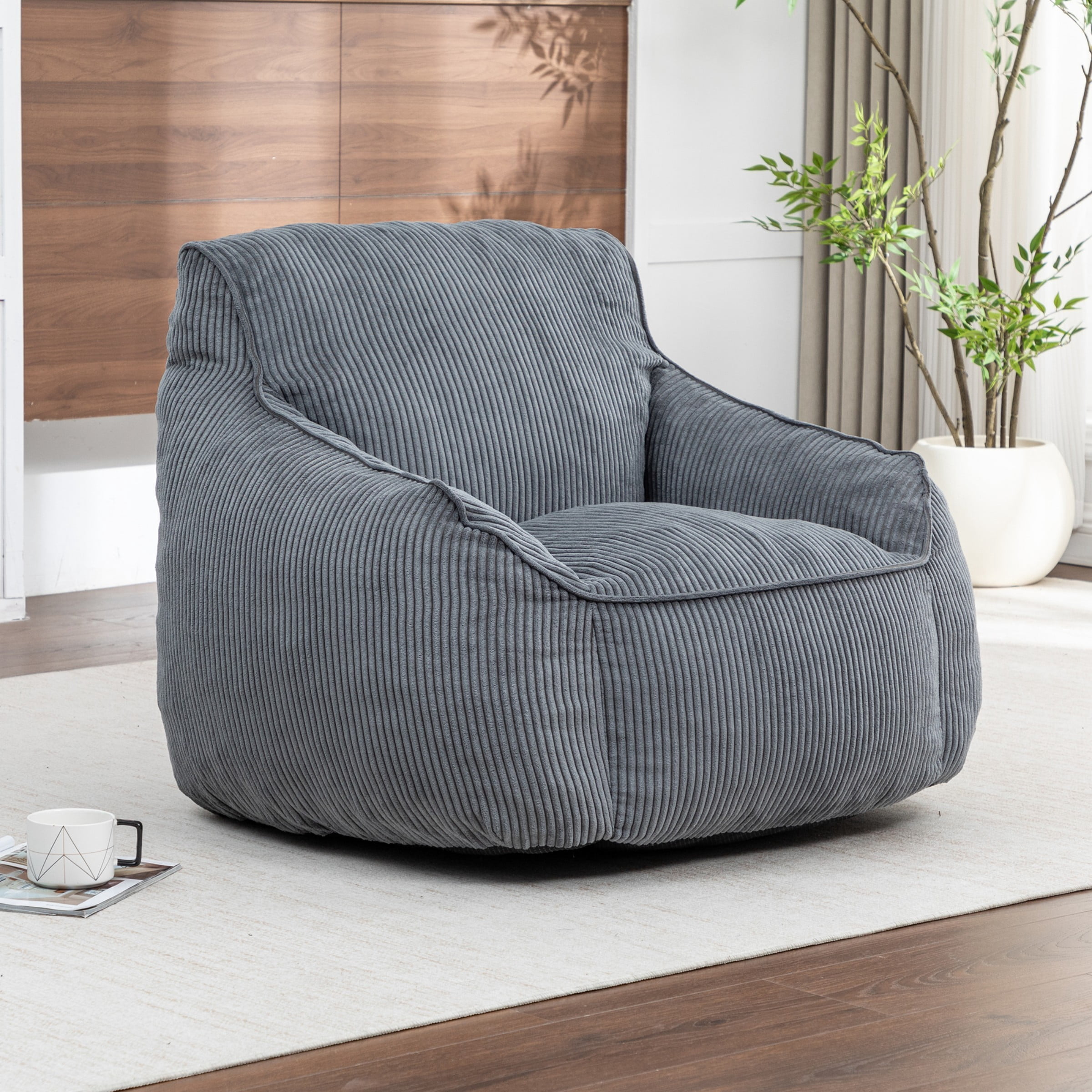 Giant Bean Bag Chair Sofa for Adults, Corduroy Bean Bag Couch with Armrests and Filler Included, Lazy Floor Chair for Living Room Bedroom, Dark Gray