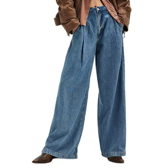 Women Y2k Low Rise Baggy Jeans Loose Fit Boyfriend Straight Wide Leg Jeans Trendy Stretch Long Denim Pants Blue S