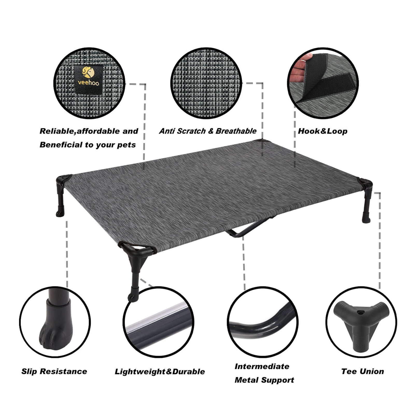 Veehoo Cooling Elevated Dog Bed, Portable Raised Pet Cot with Washable Mesh, X Large, Black Silver
