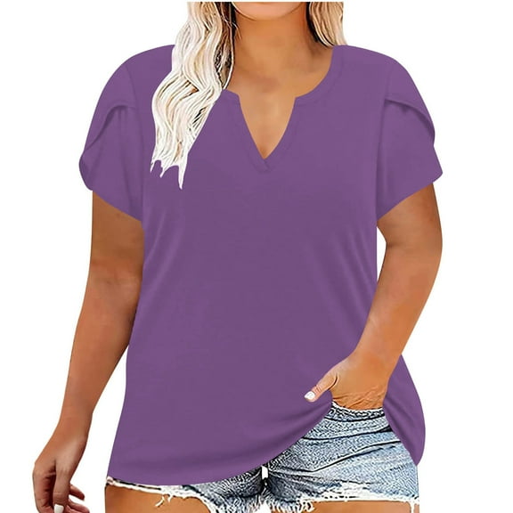 Women Plus Size Henley Tops Dressy V Neck Top Pleated Short Sleeve Blouses Casual Summer Work Business Shirts