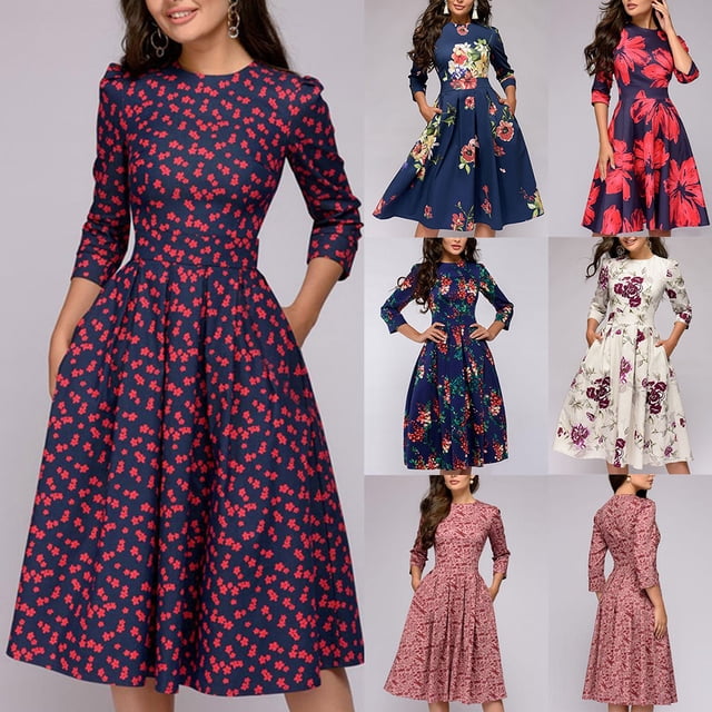 Farfi Otoño Mujeres elegante flor de plumas Impresión 3/4 Manga Cuello redondo A-Line Vestido Pluma blanca * Farfi Vestido