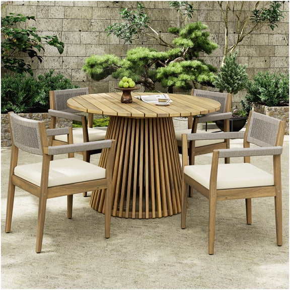 4-Piece Outdoor Patio Set with Acacia Wood Table and Rope Chairs, Beige and Cream Color, Waterproof Fabric Cushions