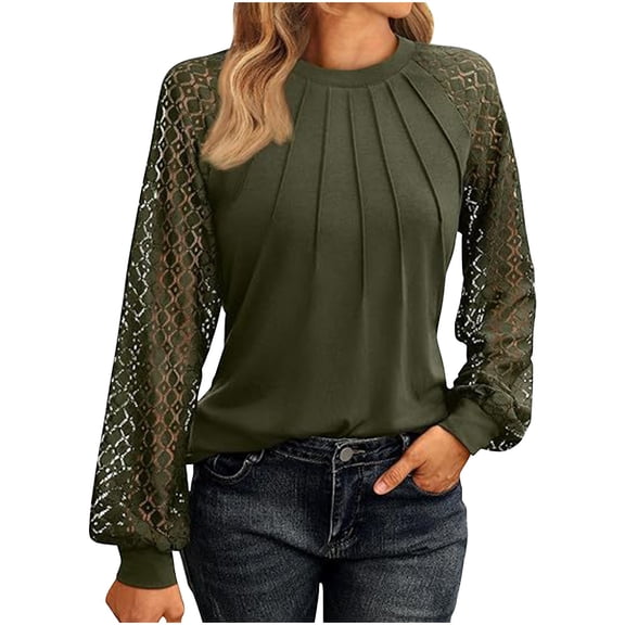 Lovskoo Long Sleeve Shirts for Women Fall Tops Women's Solid Color Lace Patchwork Casual Top Olive Green
