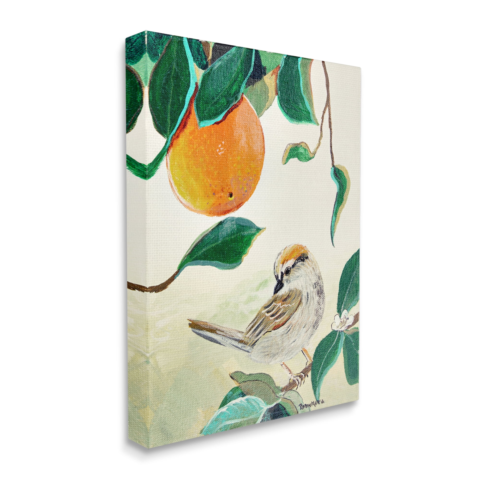 Stupell Industries Bird Perched Orange Fruit Tree Branch Leaves Painting Gallery Wrapped Canvas Print Wall Art, Design by Robin Maria