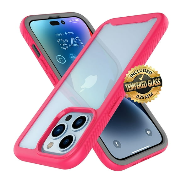 Sturdy Clear Case for iPhone 14 2022, EBIZCITY Full Body Heavy Duty Protection Tempered Glass Screen Protector Shockproof Rugged Case Cover -Rose