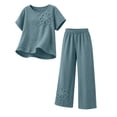 thumbnail image 4 of Ynynloco 2 Piece Cotton Linen Outfits for Women Casual Tracksuit Short Sleeve Tops And Wide Leg Long Pants Matching Lounge Sets, 4 of 8