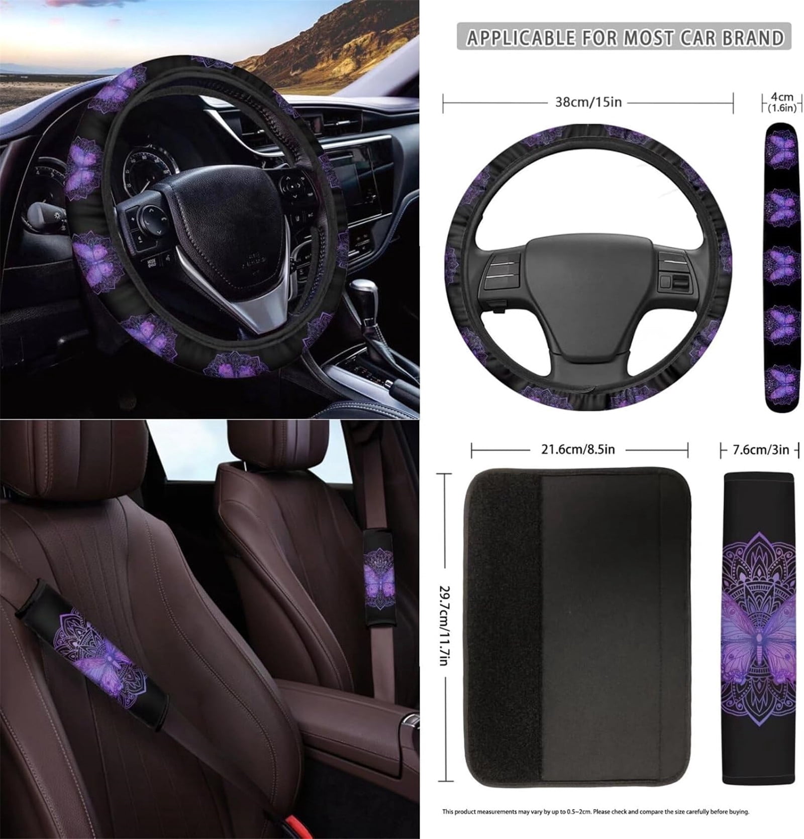 Yuyamidu 12 PCS Car Accessories Purple Butterfly Front Car Seat Covers Set Boho Steering Wheel Seat Belt Covers Armrest Pad Trash Bin Sunglass Pocket Rear View Mirror Cover Cup Coasters Key Chain