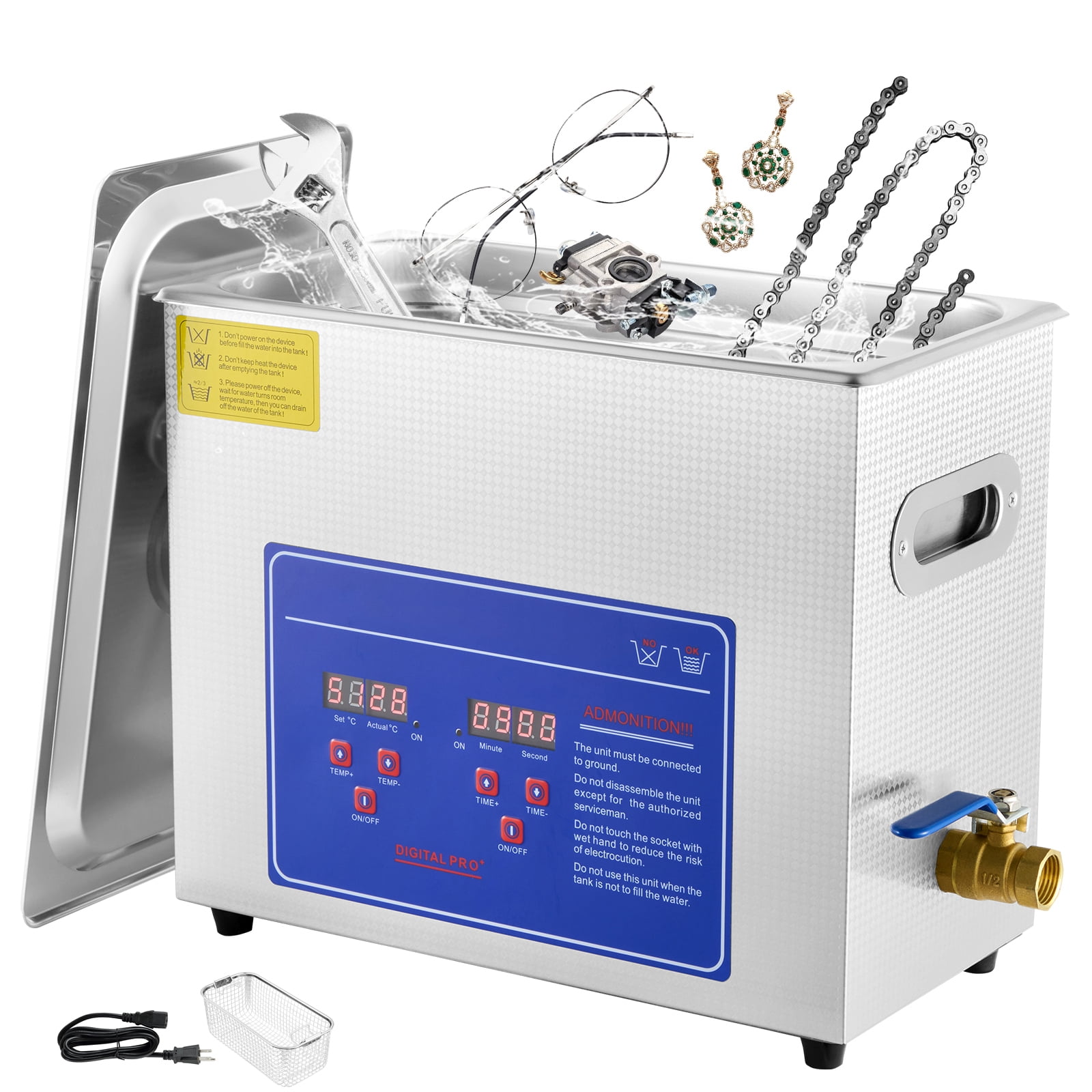 Digital Timer & Heater Equipped Ultrasonic Cleaner, KFFKFF Ultra Sonic Professional Jewelry Cleaning Device, Stainless Steel Warming Cleaner for Rings, Small Components, Circuit Board (6L)