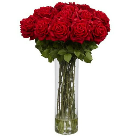 Nearly Natural Giant Rose Silk Flower Arrangement Add some timeless beauty to your space with the Nearly Natural Giant Rose Silk Flower Arrangement. It brims with a large number of rich  deep-colored roses that sit majestically on a bed of green leaves. The elegant flower arrangement comes with a glass vase. It also features liquid illusion faux water that encases the thorny green stems. It stands 31  high  which will make it easily visible in any room. This flower arrangement with vase makes an ideal centerpiece that can be displayed year-round. It features red roses that can also be given as a Valentine s day gift to remind your loved one how much she means to you throughout the year. The Nearly Natural Giant Rose Silk Flower Arrangement can be displayed on a table or on a stand.