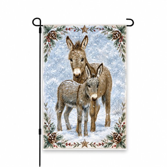 12"x18" Winter Donkey Garden Flag with Snowy Pinecone Border | Outdoor Decorative Yard Flag for Patio, Lawn, or Porch | Seasonal Holiday Decor