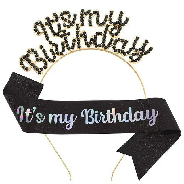 JIAHANG Diadema y faja con letras de cristal de cumpleaños para niñas y mujeres Es mi corona de cumpleaños Conjunto de diadema y faja Accesorios para el cabello de dulce cumpleaños