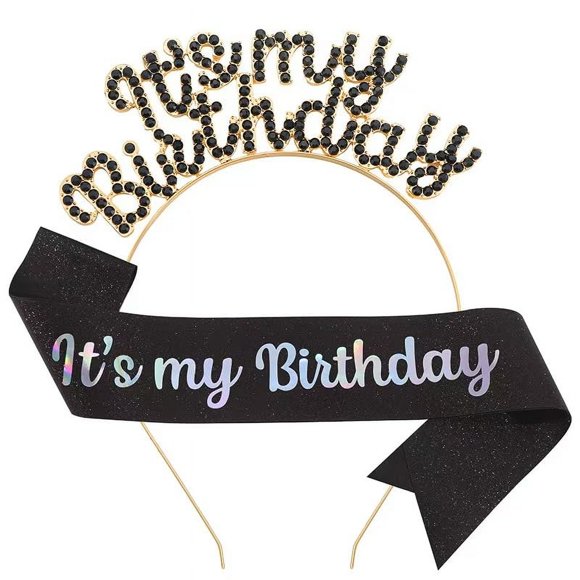 JIAHANG Diadema y faja con letras de cristal de cumpleaños para niñas y mujeres Es mi corona de cumpleaños Conjunto de diadema y faja Accesorios para el cabello de dulce cumpleaños