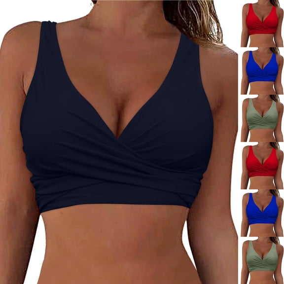 Sentmoon Bikini Tops Curvy Swim Suit Wireless Tummy Control Push Up Solid Color Plus Size Spaghetti Strap Bathing Suits Women Summer Beach Day Essentials for Plus Size and Curvy Figures