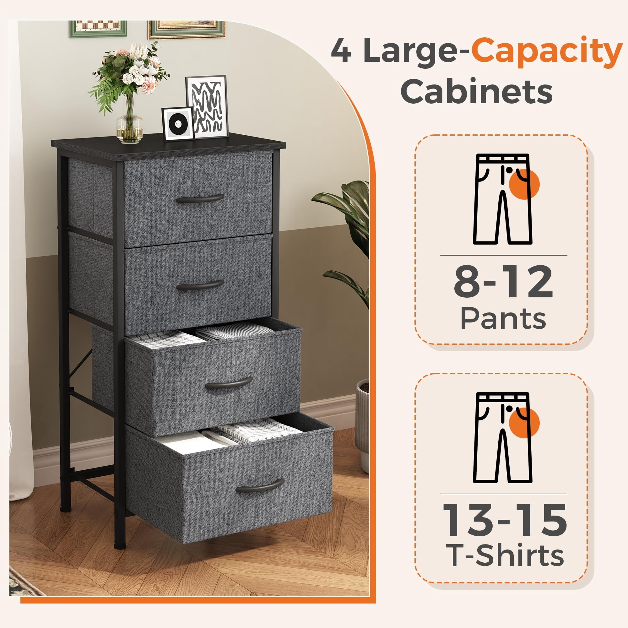 Telyra 4-Drawer Fabric Dresser 37.4" Tall Storage Tower with Wood Top and Steel Frame Narrow Organizer, Gray