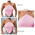 thumbnail image 3 of Estrela Top con cuello halter para mujer, camisola con dobladillo curvo sin espalda, blusa sin mangas con nudo en la espalda de color puro, rosa M, 3 of 4
