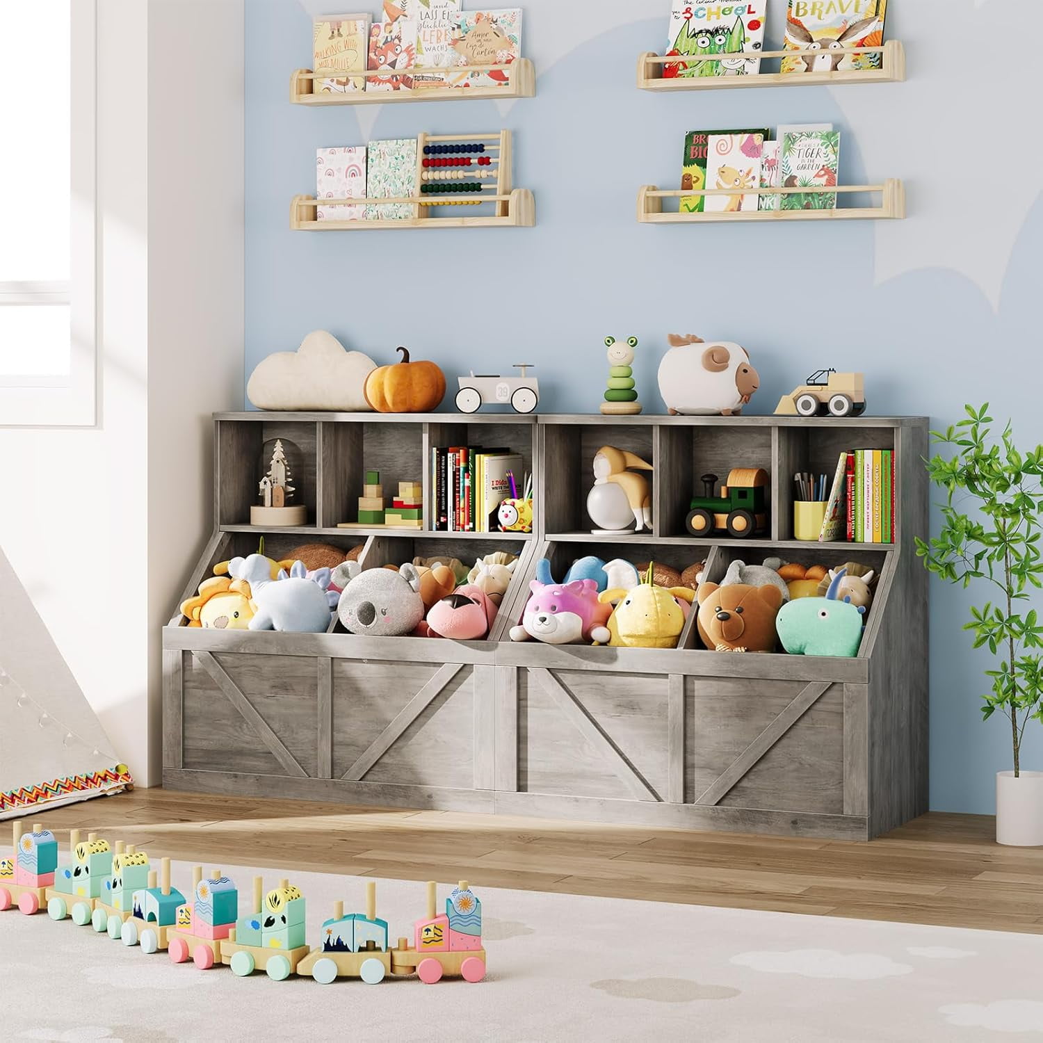 Toy Storage Organizer, Bookshelf and Toy Storage, Toddlers Bookshelf Toy Organizer for Rooms Playroom Bedroom Nursery Daycare, Washed Grey