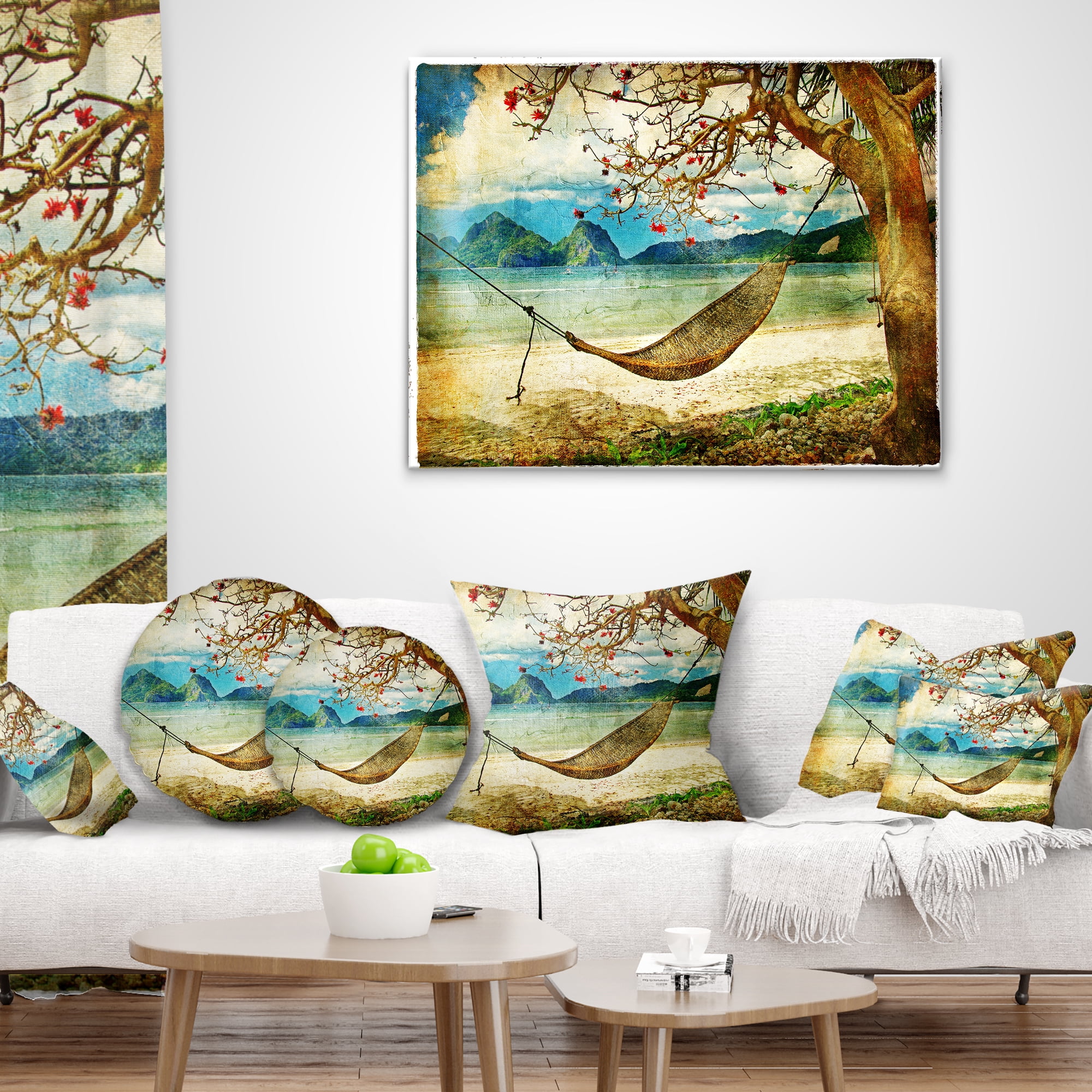 Designart Tropical Sleeping Swing - Digital Art Landscape Printed Throw Pillow - 16x16