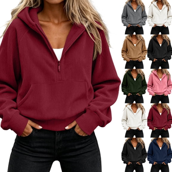 Cmtiyu Hoodies for Women, Loose V Neck Long Sleeve Zipper Pullover Hoodies With Pockets, Casual Outdoor Sweatshirts, S-2XL