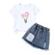 thumbnail image 5 of Conjuntos de blusas y camisas de cuello redondo y manga corta para niños, top con capucha de manga larga de color con faldas de cintura elástica, traje casual y cómodo, conjunto de poliéster para niño, 5 of 6