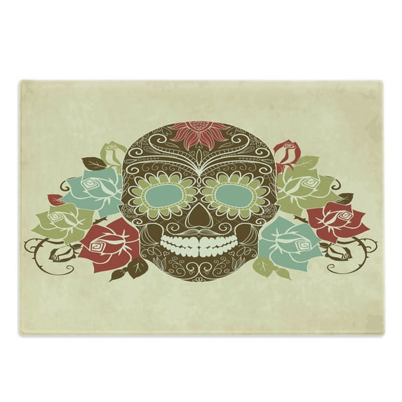 Sugar Skull Cutting Board, Skeleton and Roses Colorful Vintage Composition Smiling Gothic Face, Decorative Tempered Glass Cutting and Serving Board, Large Size, Multicolor, by Ambesonne
