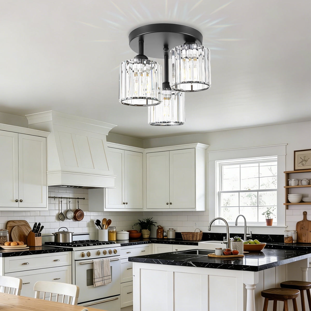 Crystal Semi Flush Mount Ceiling Light, 3-Light Close to Ceiling Light Fixtures, Modern Light Fixtures with Clear Crystal Shade, for Hallway Foyer Entryway Bedroom Kitchen, Black