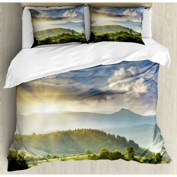 Nature Duvet Cover Set Queen Size, Rising Sun Clouds over Forest Hill Woodland Idyllic Countryside View, Decorative 3 Piece Bedding Set with 2 Pillow Shams, Olive Green Blue Yellow, by Ambesonne